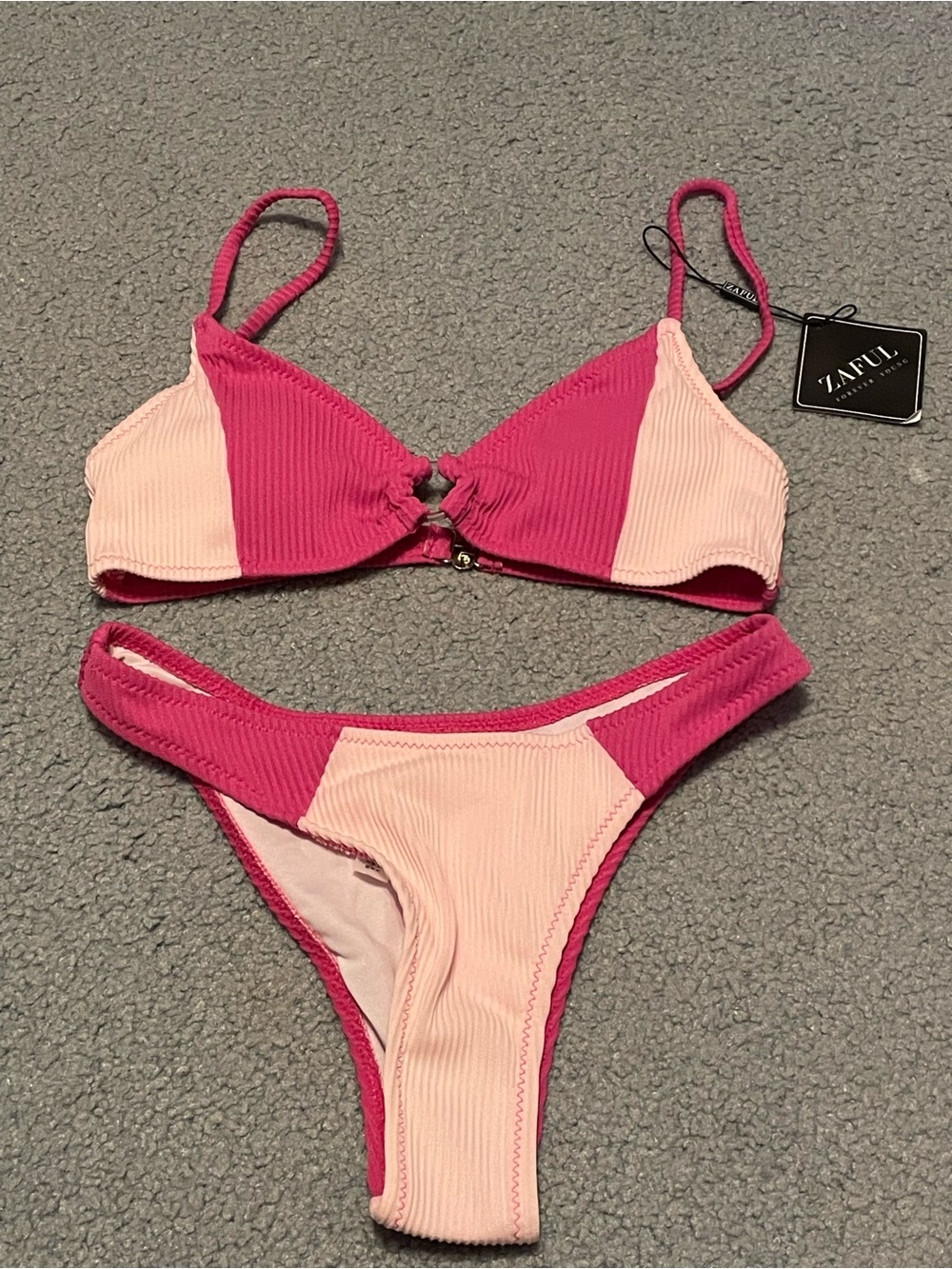 Zaful Two-Tone Pink Ribbed Bikini - Fuchsia & Pale Pink